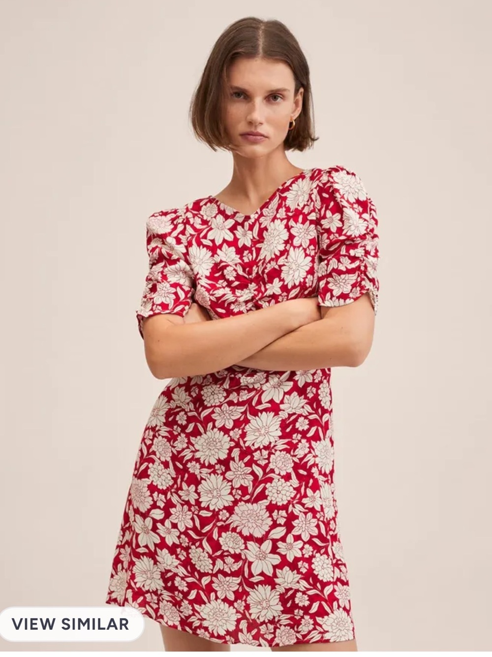 MANGO Women Red & White Floral Print Puff Sleeves A-Line Dress Size 4